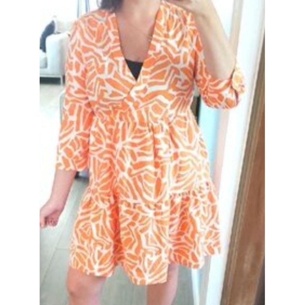 Rachel Zoe Dress Women's Sz M Orange White Print 3/4 Sleeve Tiered Mini